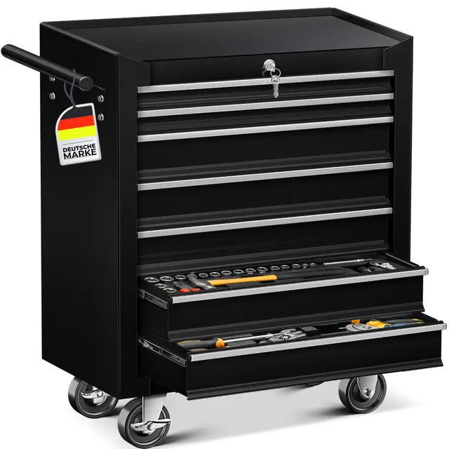 MASKO® Werkstattwagen rollbar 7 Schubladen abschließbar, mobiler Rollwagen zur Werkzeugaufbewahrung mit Schloss & Kugellager-Schubladen, Stabiler Werkstatt Trolley aus massiven Metall, Schwarz