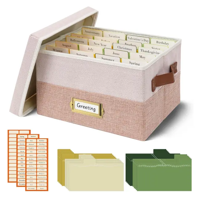 Vienrose Grußkarten-Organizer mit 20 herausnehmbaren Trennwänden und 84 selbstklebenden Etiketten, faltbare Aufbewahrungsbox ideal für Grußkarten, Fotos, Umschläge, Aufkleber und Postkarten (Rosa)