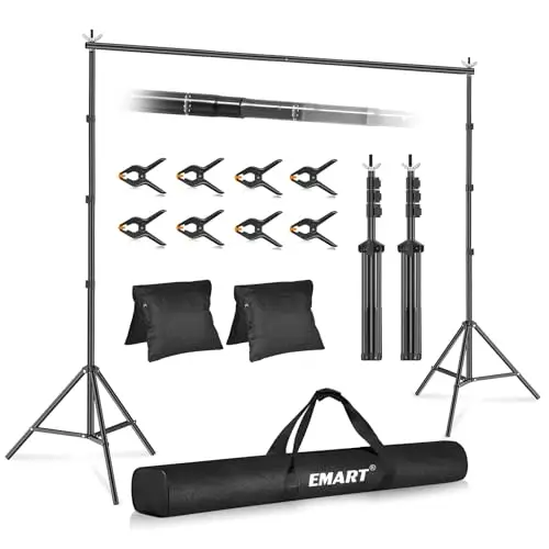 EMART Foto Hintergrund Ständer, 3x3m Verstellbarer Hintergrundsystem mit 6 Hintergrundklemmen, 2 Sandsack für Fotostudio Porträt Produktfotografie Studiofotografie