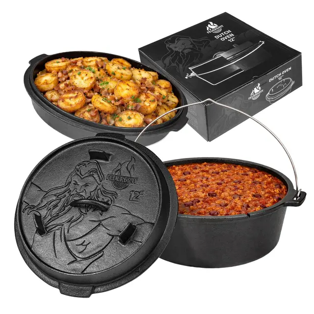 Dutch Oven 6L ohne Füße – Gusseisen Topf für Brot, Braten, Backofen, Herd, Induktion, Schmortopf für Familienküche, BBQ, Auflauf, große Portionen, Kochen, Grill, Bräter, rustikal, schwarz
