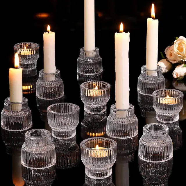 12 Stück Klare Kerzenhalter, Glas-Kerzenhalter Kerzenständer, Teelichthalter für Outdoor Hochzeit, Tischdekoration, Votivkerzenhalter für Partyzubehör und Heimdekoration