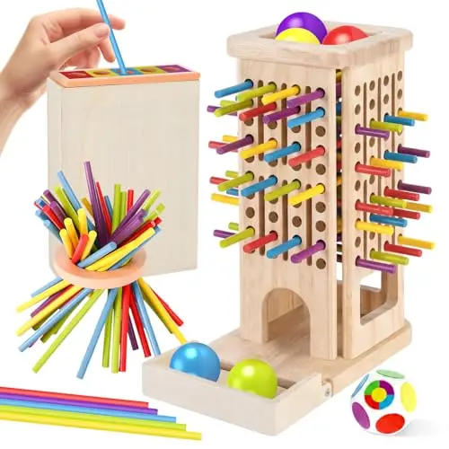 Montessori Spiel Brettspiel aus Holz ab 3-5 Jahre, 40 Bunte Holzstäbchen Spiele ab Würfelspiel, Mathe & Feinmotorik Spielzeug, Pädagogisches Kinderspiel Familienspiele Reisespiel