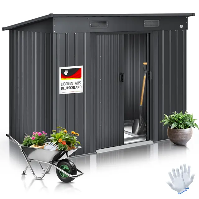 KESSER® - Gerätehaus L Metall 4 m³ mit Fundament | 194x112x181 cm | 2X Schiebetür & Fundament | Geräteschuppen | Gartenhaus Schrank | Pultdach Garten Schuppen, Ink. Arbeitshandschuhe, Anthrazit
