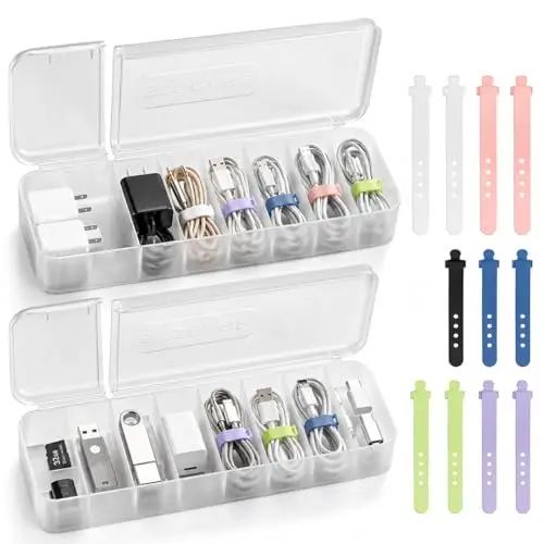 Kabel Aufbewahrungsbox 2 Stück, 7 Fächer Transparente Kabelmanagement-Box mit 12 Kabelbindern, Doppelöffnung Kabel-Organisator für Schreibtisch Lagerung, Büro, Hausgebrauch