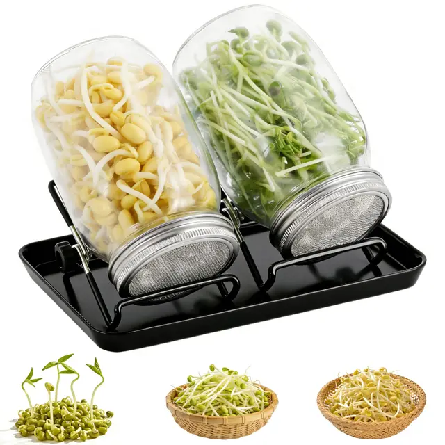 Sprossenglas 2er Set mit 1000ml Gläsern, Edelstahl 304 Siebdeckel & Schale – Brokkoli, Kresse & Co. selbst ziehen – Umweltfreundliches Keimglas für gesunde Heimkeimung, inkl. Ständer