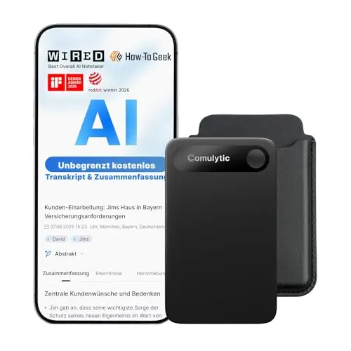 Comulytic Note Pro KI Digitales Diktiergerät Aufnahmegerät mit unbegrenzte Transkription & Zusammenfassung, App-Steuerung,113 Sprachen, KI Voice Recorder für Meetings Vorlesungen, Schwarz