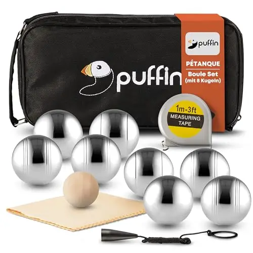 Puffin Boule Set - Petanque Set | Boule Spiel mit 8 oder 6 Metall Kugeln & Zubehör | Outdoor Spielzeug für die ganze Familie | Strand Spiel für Kinder & Erwachsene