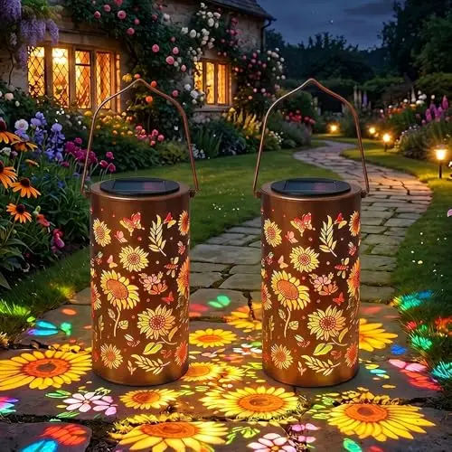 Colorful Sunflower Glow Solar Garden Lantern,2 Stück Sonnenblumen Solarlaterne für Außen,Solar Hängeleuchte Bunt,Wasserdicht Solarlampen für Außen Hängend,IP65 Wasserdicht,Garten Dekoration