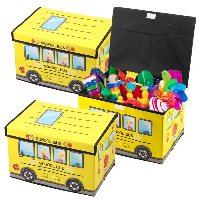 3 Stück Spielzeugkiste mit Deckel Schulbus-Stil 30L 38x25x25cm Faltbar Aufbewahrungsbox Kinder mit Griff Wasserdicht Staubdicht für Spielzeug Bücher Kleidung