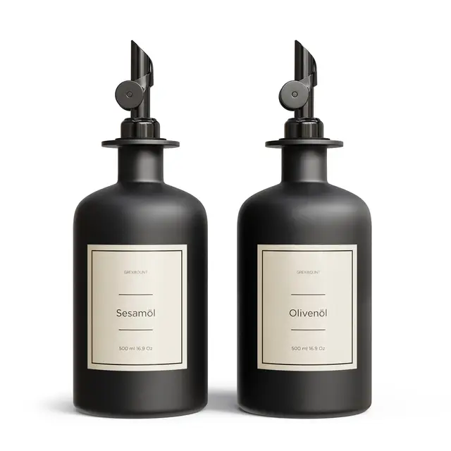 Essig und Ölflaschen Set - 2er Pack Ölspender 500ml | Ölflasche aus Glas mit Ausgießer Schwarz für Olivenöl, Essig und mehr | Perfekt für Kochen, Salate und BBQ