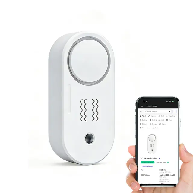 Haozee Zigbee-Vibrationssensor mit Alarmfunktion, 110 dB Funk-Sirene, batteriebetriebenes Sicherheitssystem – unterstützt Home Assistant & Zigbee2MQTT (für Schränke & Möbel)