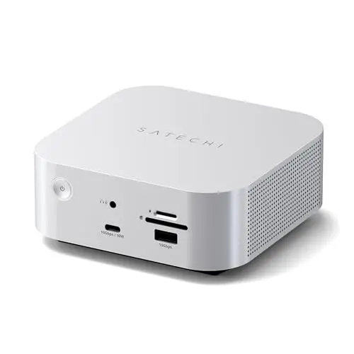 SATECHI Thunderbolt-5 CubeDock™ Dockingstation, 80-120 Gbit/s (USB4 komp.), integriertes NVMe SSD Gehäuse, 140W Laden, Multi-Display bis 8K, USB-C & USB-A 10 Gbit/s, aktive Kühlung, Silber
