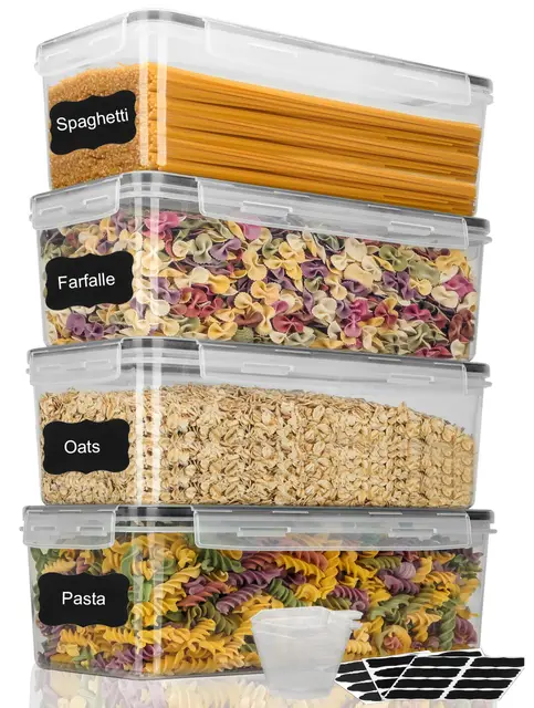 Withosent 3.2L Vorratsdosen Luftdicht Set, 4er Spaghetti Aufbewahrung Pasta Vorratsbehälter, Aufbewahrungsbox Küche mit Deckel Kunststoff für Nudeln, Müsli, Cornflakes, mit Löffel & Etiketten