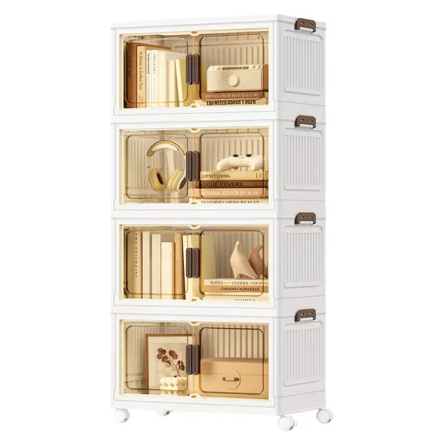 SONGMICS Aufbewahrungsboxen, 4 Ebenen, Organizer mit 1 Deckel, Stapelboxen auf Rollen, Plastikboxen, magnetische Tür, Ordnungsboxen, weiß, 55 L pro Ebene, 220 L insgesamt RLB460WZ01