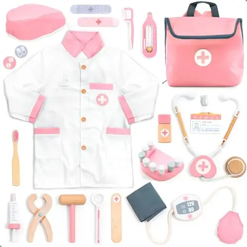 UMU® Arztkoffer Kinder Spielset aus Holz mit Arztkittel, Stethoskop, Zahnarzt Zubehör & mehr, Doktorkoffer Spielzeug für Rollenspiele, 20 TLG. Medizinisches Set für Mädchen ab 3, 4, 5 Jahren
