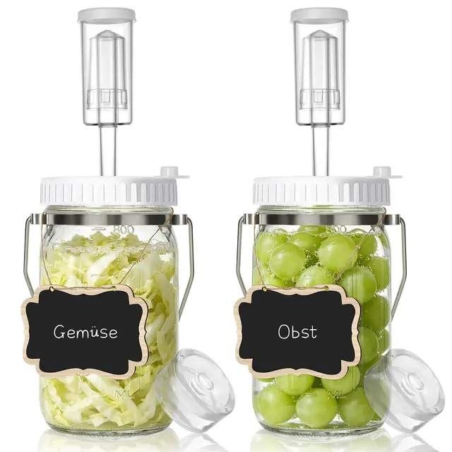 Mittimiya 2 Stück Fermentierglas mit Tragegriff, Fermentiergläser mit Fermentiergewichte, Gärventil & Etiketten, für Sauerkraut, Kimchi, Kombucha, Gurken & Mehr (800 ML)