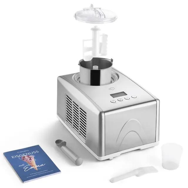 SPRINGLANE Eismaschine Emma 1,5 L mit selbstkühlendem Kompressor 150 W, aus Edelstahl mit entnehmbarem Eisbehälter, inkl. Rezeptheft (Silber, Eismaschine)