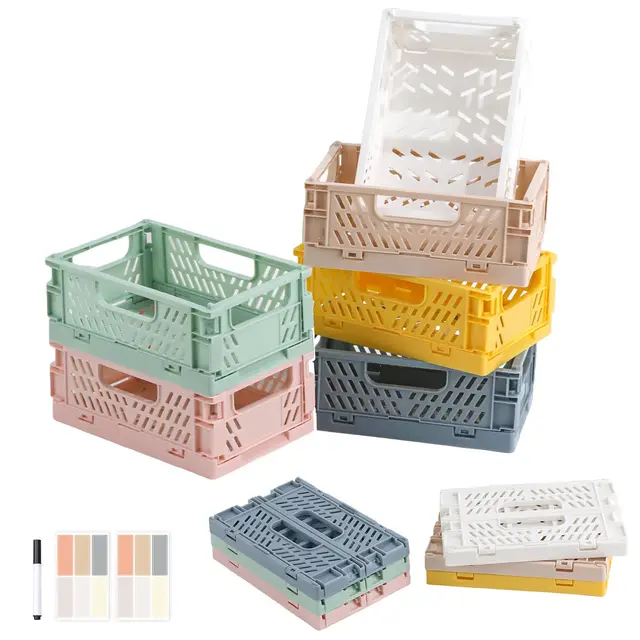 6 Stück Klappkiste Plastik Klappkorb, 15*9.7*6cm Mini klappbox Tragbar Aufbewahrunskisten, Bunt Stabil Faltbare Aufbewahrungskiste mit Aufklebern und Stift für Zuhause/Büro/Geschäft/Schule