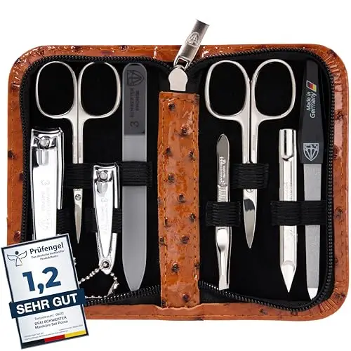 DREI SCHWERTER - Maniküreset 'Roma' - Nageletui mit 8 Instrumenten: Nagelschere, Hautschere, Fuß/Finger-Nagelknipser, Nagelreiniger, Pinzette, Glasnagelfeile, Saphirnagelfeile - cognac/straussoptik
