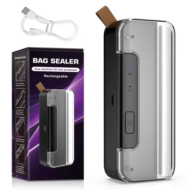 Mini Folienschweißgerät, Bag Sealer 2-in-1 mit Cutter, Magnetfuß & 2-Stufen Siegelung - Wiederaufladbar (Sicher mit Auto-Off) - Für Plastiktüten, Beutel & Snacks - Schwarz