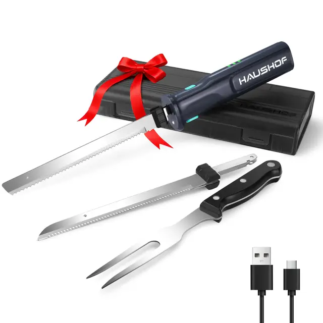HAUSHOF Elektromesser, Kabelloses Küchenmesser mit 2 Edelstahlklingen, Elektrisches Messer mit Gabel, 2000 mAh Akku für Präzises Schneiden von Brot, Fleisch und Käse, mit Aufbewahrungsbox, Grau
