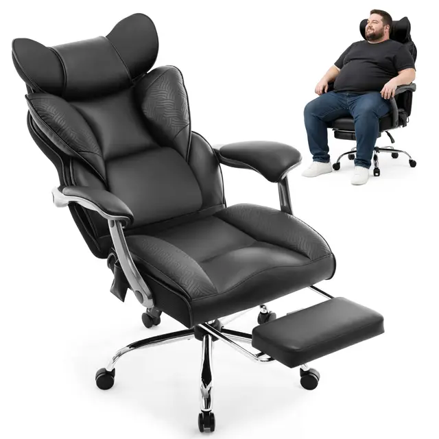 Fizzin Schwarz Chefsessel breit mit Fußstütze & aufblasbarer Lendenstütze – Ergonomischer PU-Computerstuhl 155° Neigung für Konferenz, Gaming, Büro & Homeoffice