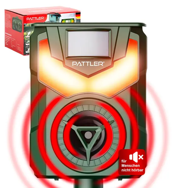 PATTLER Tiervertreiber Ultraschall Solar für Garten – Ultraschall Tierabwehr mit Bewegungsmelder, LED-Blinklicht & wetterfestem Außengehäuse – Ideal gegen Marder, Mäuse und andere Tiere