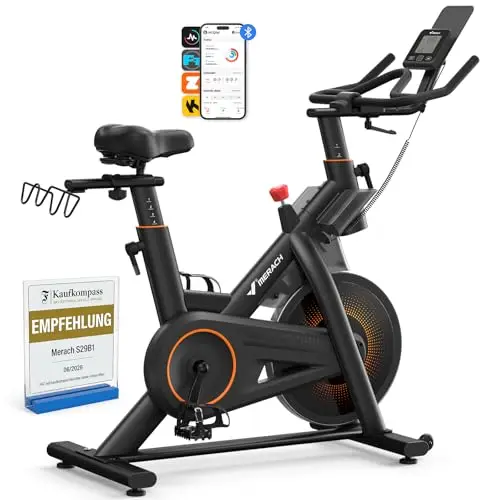 MERACH Profi-Heimtrainer Fahrrad mit 10kg Schwungrad, Max Laufruhe und Stabilität, Studio-ähnliches Training zu Hause, Leises Magnetbremssystem, Stoßdämpfender Luftkissensattel, Eigene App, Bis 158KG