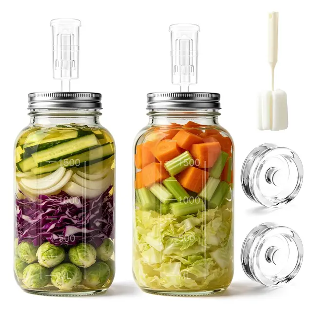 2L Fermentierglas mit Gewicht & Gärventil, 2er Fermentationsglas mit Fermentiergewichte, Fermentieren Gläser für Sauerkraut Kimchi, Kombucha, Fruits, Vegetables, Pickled, Sauerteigstarter usw