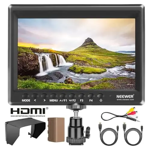 NEEWER 7Zoll Kamera Feldmonitor, HD Videoassistent IPS 1280 x 800 HDMI 1080p mit 4400mAh F750 Akku, Sonnenblende und 360° Kugelkopf für DSLR Camera, Handstabilisator, Film Video Erstellungsgerät, F100