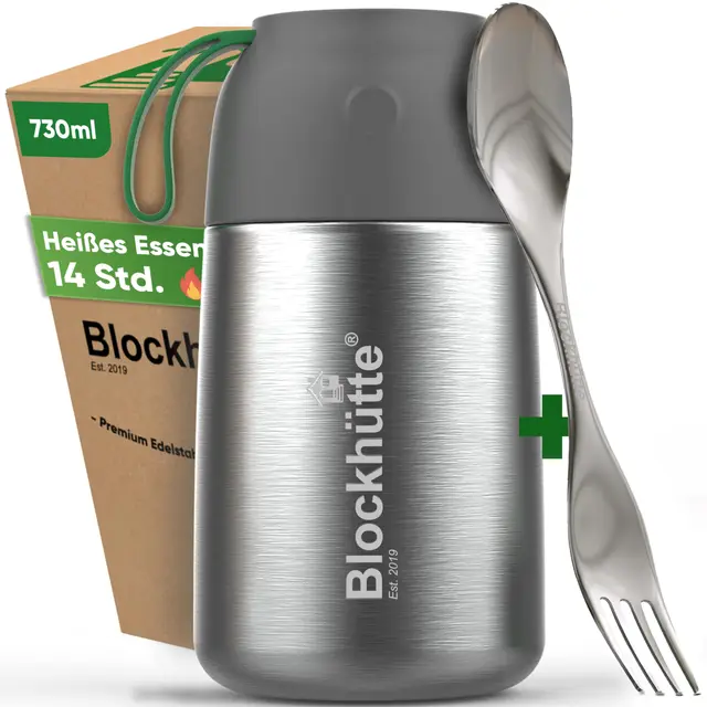 Blockhütte Thermobehälter Essen mit langem Löffel 730ml Edelstahl, Wärmebehälter für Speisen Arbeit, Essen Warmhalten Behälter mit weiter Öffnung, Thermo Essensbehälter 14h heiß & 19h kalt