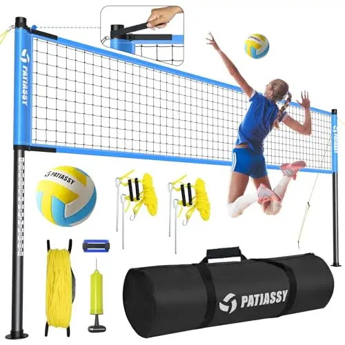 Volleyballnetz Garten Outdoor Mobiles Set Mit Stangen, Höhenverstellbar Volleyball Netz, PU Volleyball, Handpume, Grenzlinie, Tragetasche für Rasen Standardgröße 9,5m* 1m