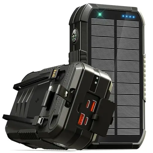Solar Powerbank 70000mAh: PD 30W USB C Powerbank Schnellladen mit 2 Kabel, 6 Ausgänge 4 Eingänge, 15W Kabelloses Laden, Handkurbel, LED Leuchtanzeigen, Taschenlampe, Externe Handy-Akkus für Outdoor