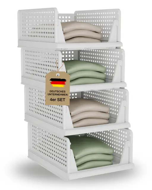 VMbathrooms Kleiderschrank Organizer 4er-Set faltbar & stapelbar | Aufbewahrungsbox für Kleidung platzsparend & pflegeleicht | Ordnungssystem hochbelastbar & stabil | passt in alle Standard-Regale