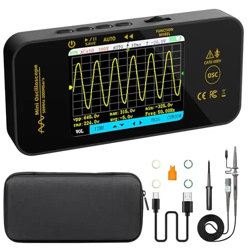 BSIDE OT5 Handheld Digital Oszilloskop Klein Mini 50MHz Bandbreite 200MSa/s Abtastung Tragbares Oszilloskop Wiederaufladbar Ultraflach mit 3.2 Zoll Full View Farb-LCD für KFZ Audio Elektronik