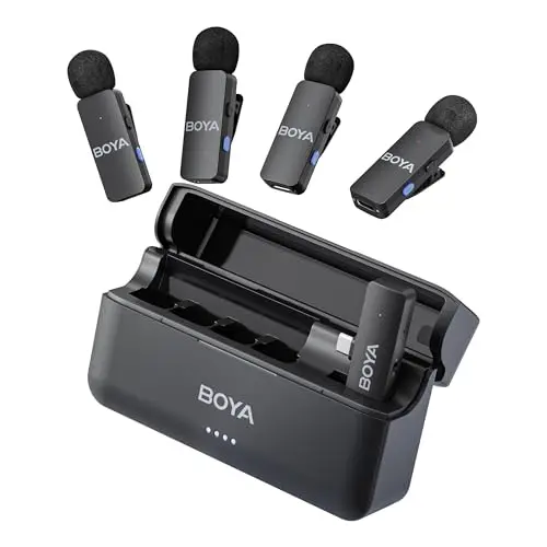 BOYA BY-V4U New Mikrofon kabellos für iPhone 15-17, Android, 4-Kanal Mono-Ausgang, Mini Mikrofon, Wireless Lavalier-Mikrofon USB-C, Geräuschunterdrückung