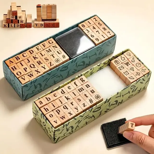 Buchstaben Stempel Set 80-teilig Holzstempel Alphabet Zahlen und Symbole mit Stempelkissen Groß- & Kleinbuchstaben Stempelset für Scrapbooking Kartenherstellung Basteln