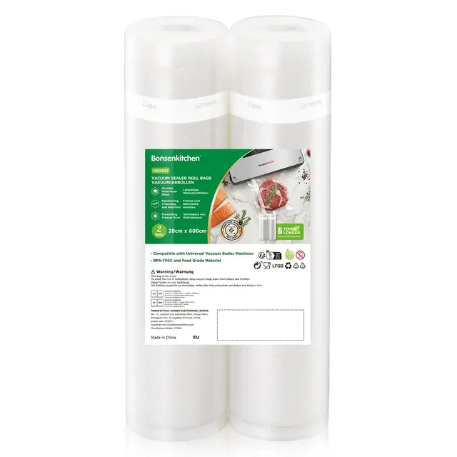Bonsenkitchen Vakuumrollen 2 Rollen 28x600cm Vakuumierfolie - Profi Vakuumbeutel für Vakuumierer & Lebensmittel Vakuumiergerät, BPA-frei, Kochfest und Sous Vide Gefrierbeutel, VB3207
