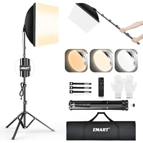 EMART Softbox Set Fotostudio, 40X40cm Softbox 85W 3000-6000K LED Fotolicht mit 165cm Stativ, Professionelle Fotografie Beleuchtung Set für Studioleuchten, Portrait, Videoaufnahmen(1 Pack)