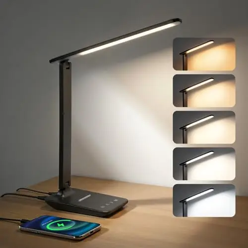 YAMYONE LED Schreibtischlampe dimmbar, faltbar, USB-Ladeanschluss