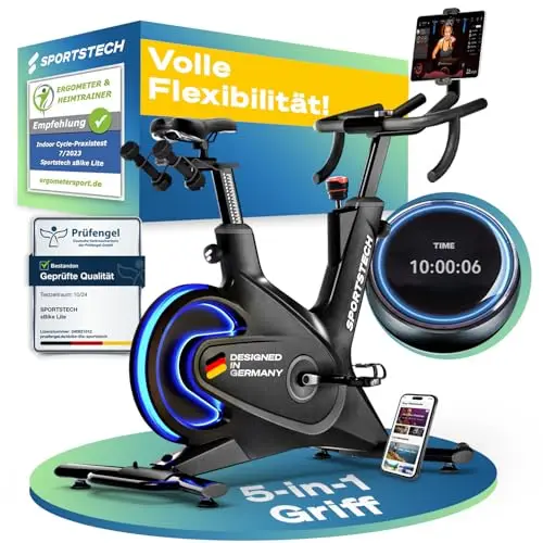 Sportstech sBike Lite Premium Heimtrainer Fahrrad Ergometer Speedbike, mit 16,5 kg Schwungrad, Magnetbremse & Wattanzeige, Indoor Cycling Bike, App-kompatibel Hometrainer, LED-Pulsanzeige, bis 150 kg