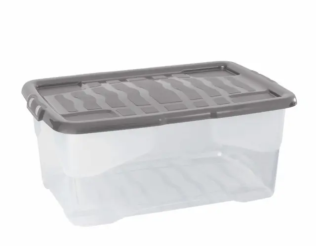 Strata 9 x 42 Liter stapelbare Aufbewahrungsbox aus Kunststoff mit Deckel und aufsteckbaren Deckeln, 9 Stück, Multi-Aufbewahrungsbox für Zuhause und Büro, transparente Box, grauer Deckel