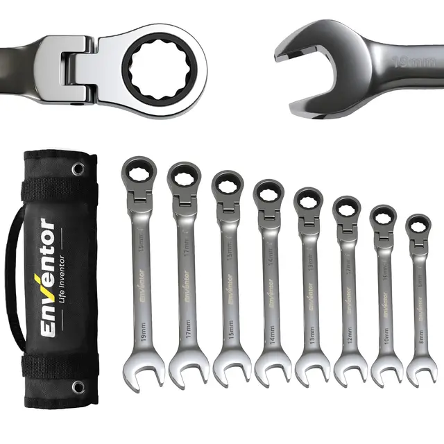 Enventor 8-teiliger Flexibles Ratschenschlüssel Set, Gabelschlüsselsatz, 72 Zähne, in Aufbewahrungstasche, Chrom-Vanadium-Stahl, 8–19 mm, für Elektriker, Autoreparaturen, Möbelmontage