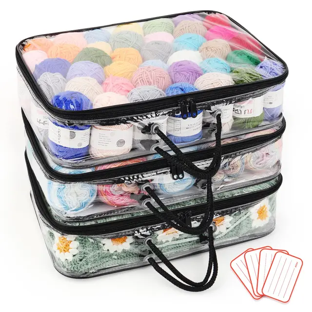Coopay 3 Stück Transparenter Garn Aufbewahrungs Organizer, Tragbare Garnaufbewahrung, Staubdichte Wolle Aufbewahrung mit 4 Etiketten, Garnaufbewahrung mit Reißverschlüssen und Griff (40 x 30 x 10cm)