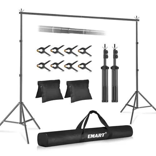EMART Foto Hintergrund Ständer, 2,6x3m Verstellbarer Hintergrundsystem mit 6 Hintergrundklemmen, 2 Sandsack für Fotostudio Porträt Produktfotografie Studiofotografie