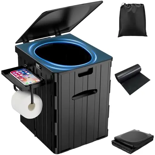 WADEO Tragbare Campingtoilette 38L, Robuste Falttoilette mit Tragkraft bis zu 200kg, Mobiltoilette Faltbares Töpchen mit abnehmbarem Papier- und Telefonhalter und 12 Stück Toilettenbeuteln