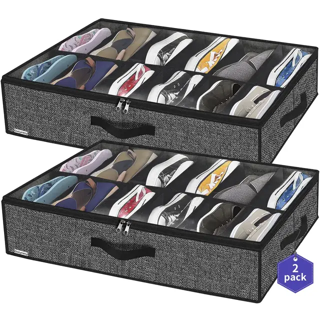 homyfort 2 Stück Unterbett-Kommode für Schuhe mit Durchsichtigem Deckel - Schuhaufbewahrungstasche Starke Aufbewahrungskiste für Schuhaufbewahrung mit 12 Fächern, Leinen Schwarz, XAUBSB2P