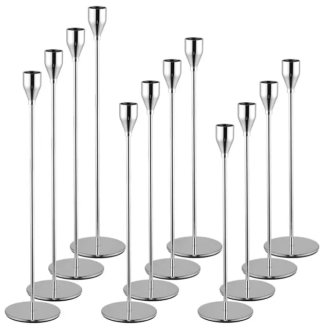 Set von 12 silbernen Kerzenhaltern, Kerzenhalter aus Metall, hoher Kerzenständer für Spitzkerzen, Kerzenhalter für 0.87 Zoll/2.2cm Dicke Kerzen, für Hochzeit, Wohnzimmer, Esszimmer (Silber)
