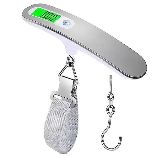 Kawaology Gepäckwaage Hochpräzise Gepäckwaage, tragbare Kofferwaage, digital, elektronisch, 110 lb/50 kg, digitale Hängewaage für Reisen mit Haken (Silber)