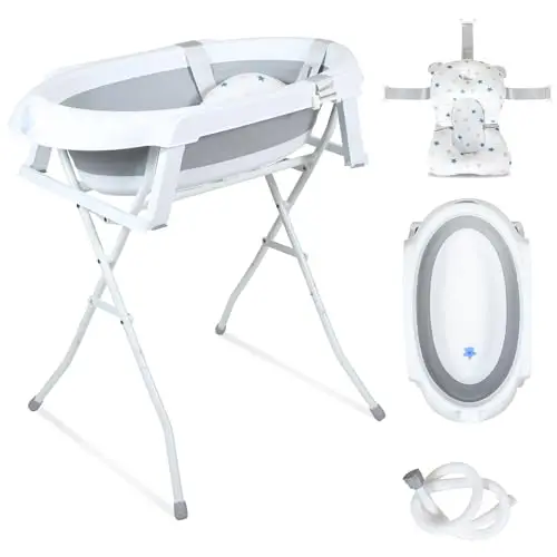 Faltbare Badewanne mit Rutschfestem Ständer, Badematte und Badewanneneinsatz für Neugeborene und Kleinkinder, Grau